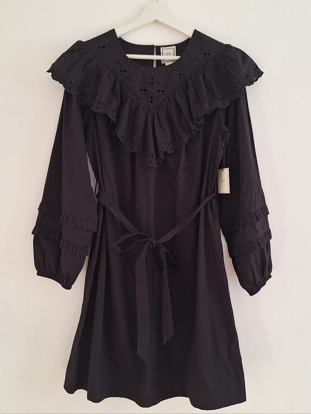 NWT Lea Eyelet Ruffle Long-Sleeve Dress with Waist Tie - Black